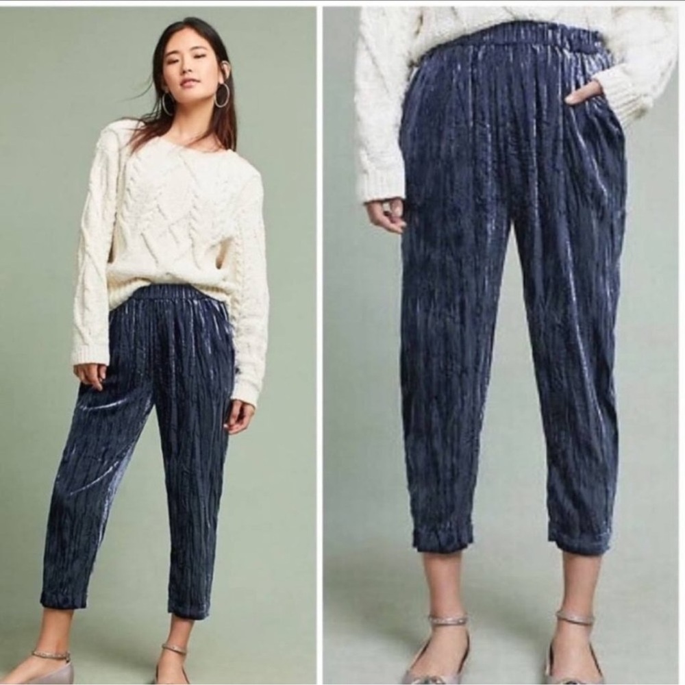Anthropologie ett:twa Blue Velvet Cropped Pants Size XSmall Solid Ankle N130